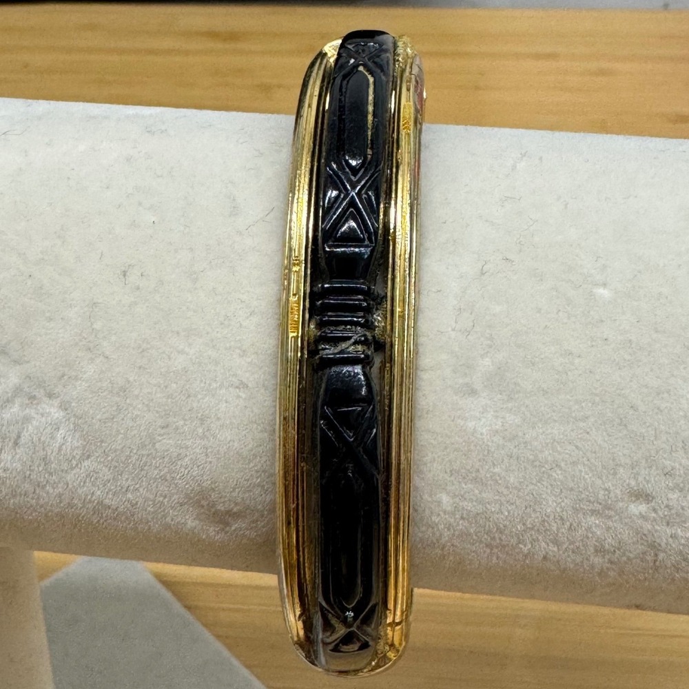 Vintage Gold Tone Black Carved Resin Hinged Bangle Bracelet Art Deco Style